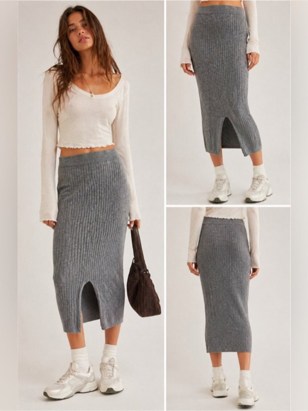 Free People Ribbed Knit Midi Skirt – Grey – XS